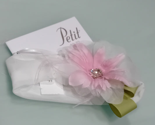 Fascia Petit Battesimo con fiore verde e rosa
