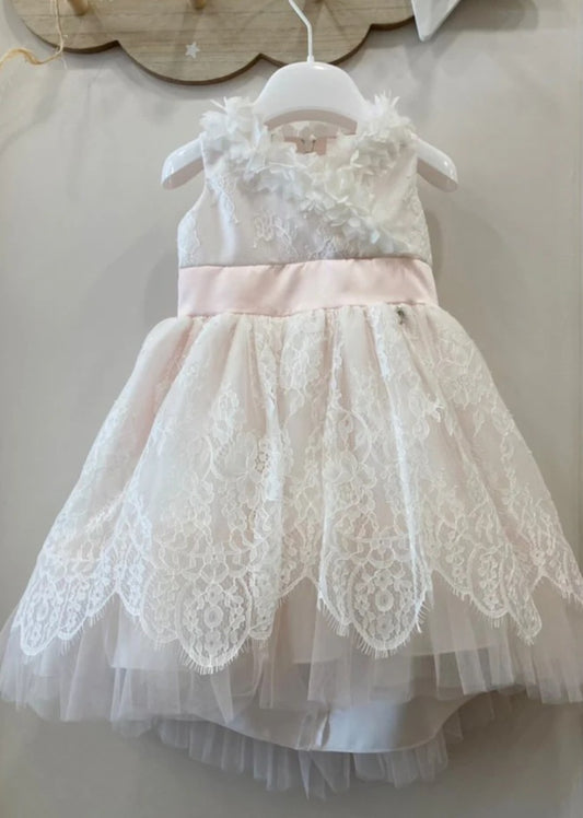Abito Battesimo Petit in pizzo bianco e rosa