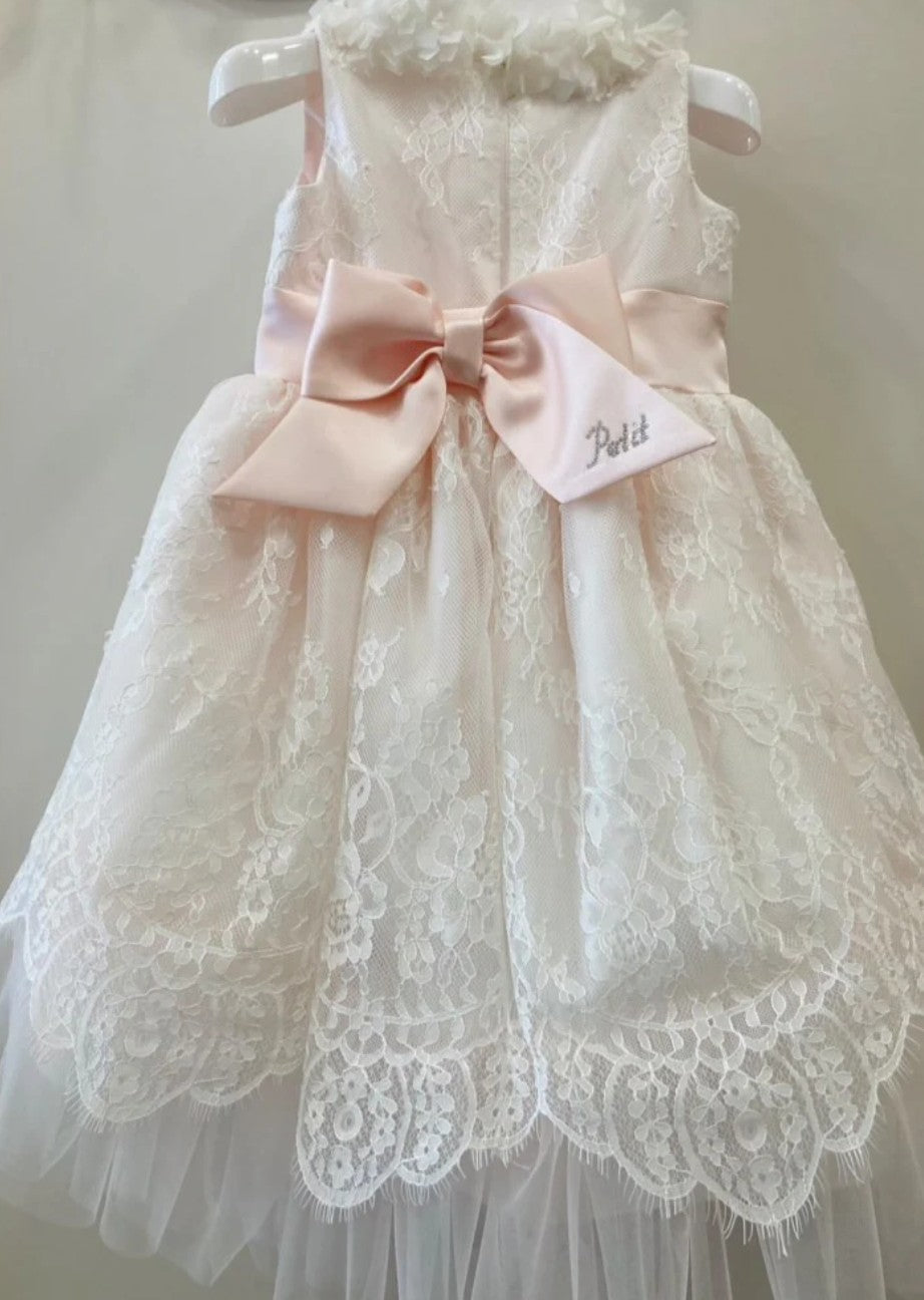 Abito Battesimo Petit in pizzo bianco e rosa