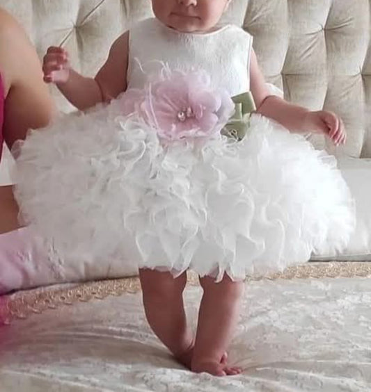 Abito Battesimo Petit con fiore rosa e verde