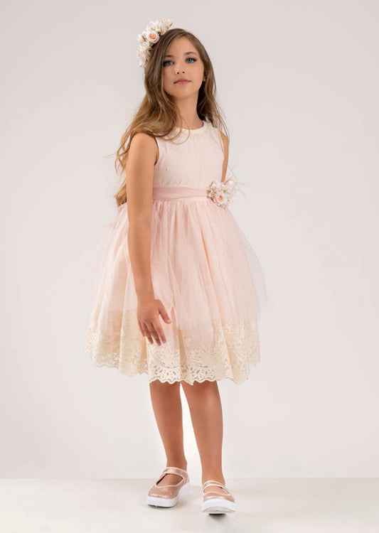 Abito cerimonia bambina Petit in tulle cipria con pizzo e fiori - Child di Aurora Zonno