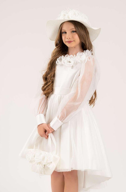 Abito cerimonia Petit bianco con maniche in organza - Child di Aurora Zonno