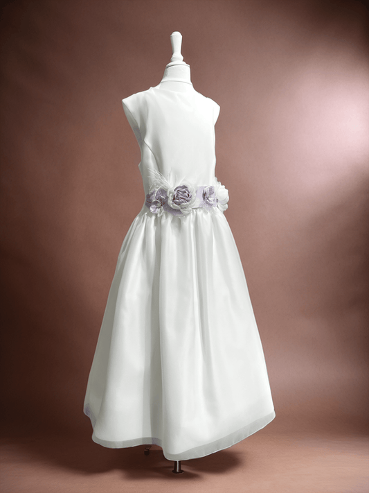 Abito cerimonia Petit in raso bianco con fiori glicine - Child di Aurora Zonno