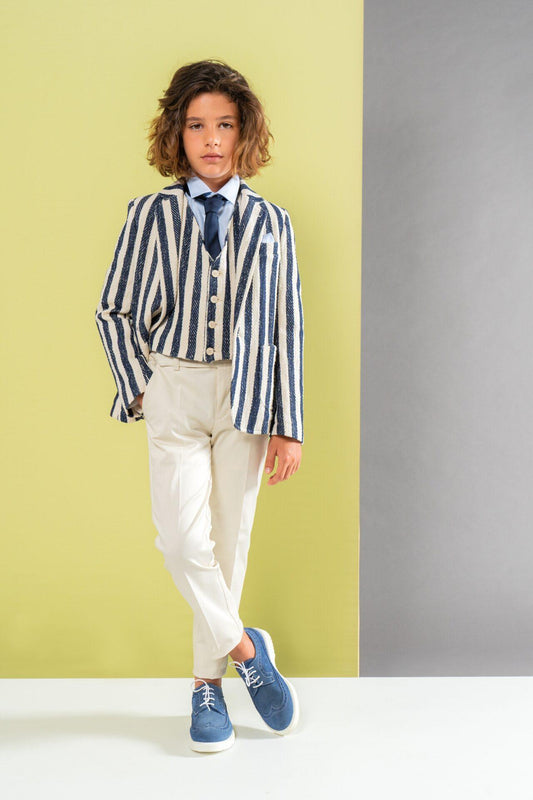 Completo cerimonia bambino Petit con giacca rigata blu e bianca - Child di Aurora Zonno